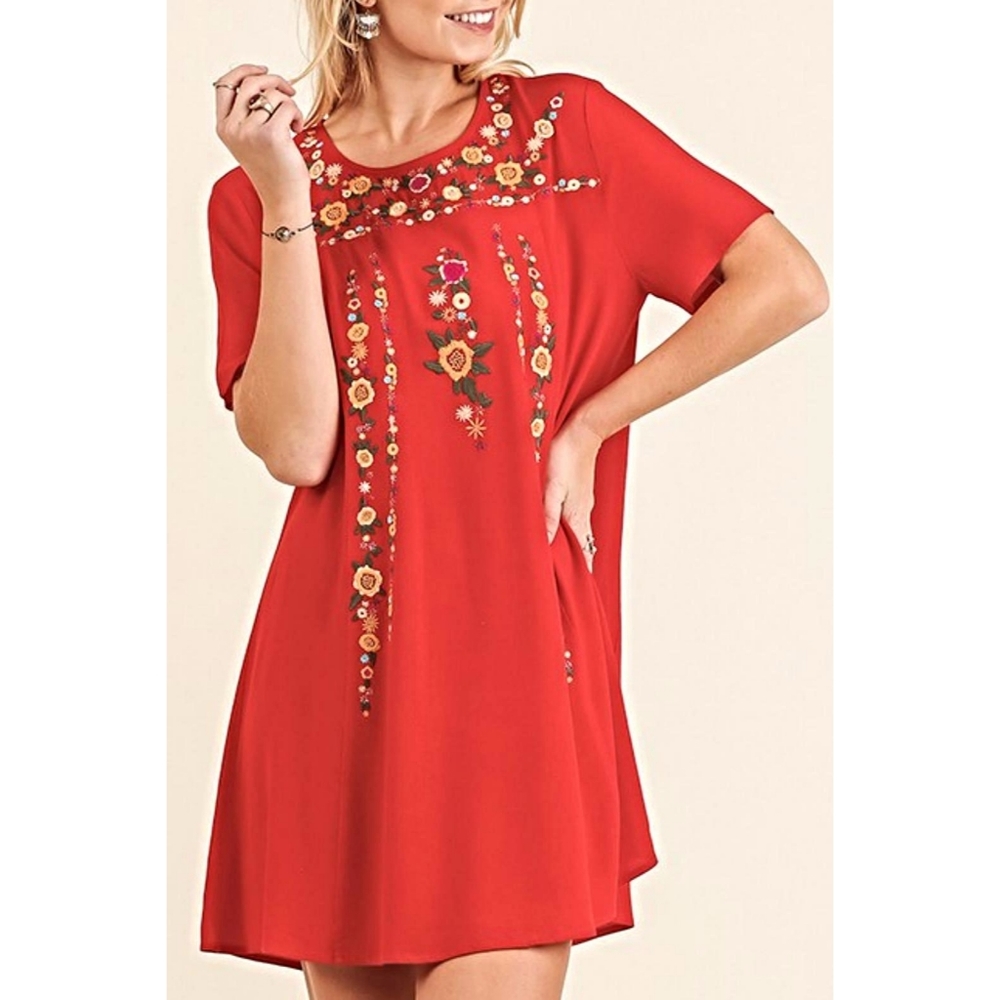 UMGEE Bohemian Floral Embroidery Red Swing Mini Short Sleeve Dress Size Small